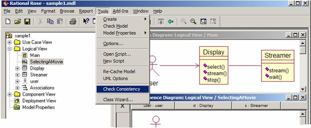 UML model depicted in IBM Rational Rose. Our tool gets invoked through Rose's tool menu